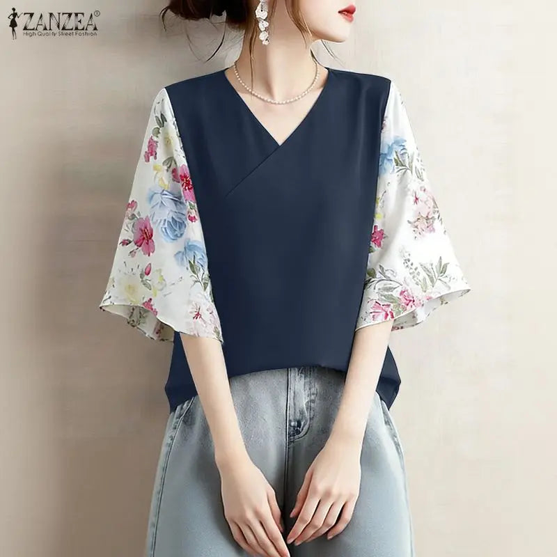 ZANZEA Woman Floral Print 3/4 Sleeve Blouses Elegant Patchwork V-Neck Pullover Tops 2026 Summer Daily Casual Blusas de Mujer