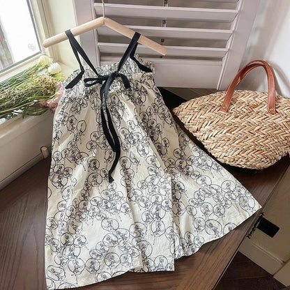 2024 New Girls' Dresses Children'S Summer Cotton Embroidered Hollow Dress Baby Kids Clothing Cute Ruffled Round Neck Vest Dress