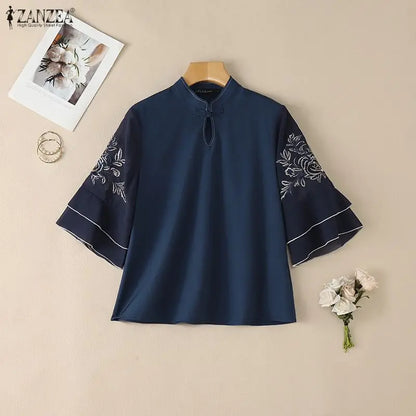 ZANZEA Women Floral Embroidered 3/4 Flared Sleeve Blouses Vintage Mandarin Collar Keyhole Neckline Tops Elegant Blusas de Mujer