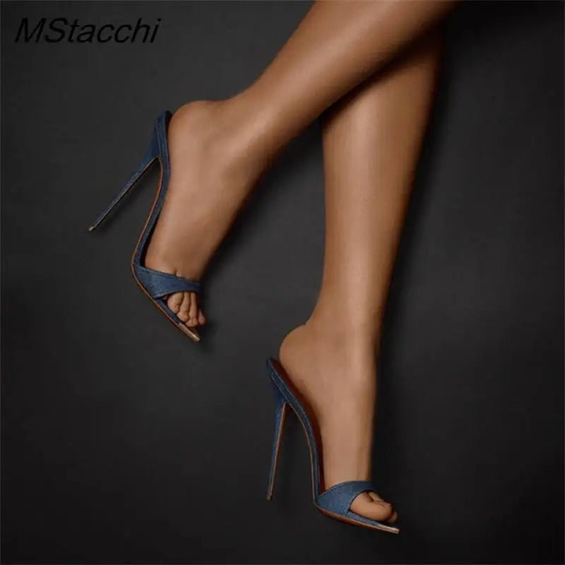 Denim Women Slippers Metal Decoration Pointed Toe Mules Shoes Women Super-high Heel Gladiator Sandals Sexy Luxury Women's Shoes
