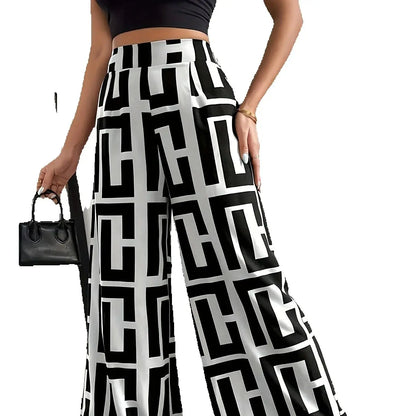 2026 Casual Elegant Bohemian Style - Wide Leg Elastic Waist Two tone Checkered Printed Loose Pants Wide Leg Pants