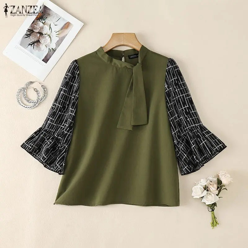 ZANZEA 2026 Women Elegant Tie Neck Blouses Patchwork 3/4 Flared Sleeve Casual Tops Autumn Everyday Wear Dates Blusas Mujer