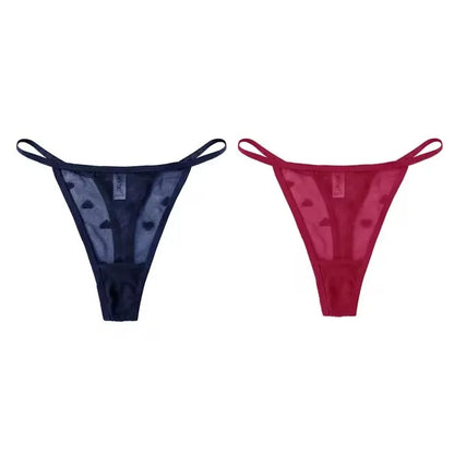 2Pcs Heart See Through Mesh G-String T-Pants Underpants Sexy Lace Sheer Underwear Women's Low Waist  Lingerie Thong Panties