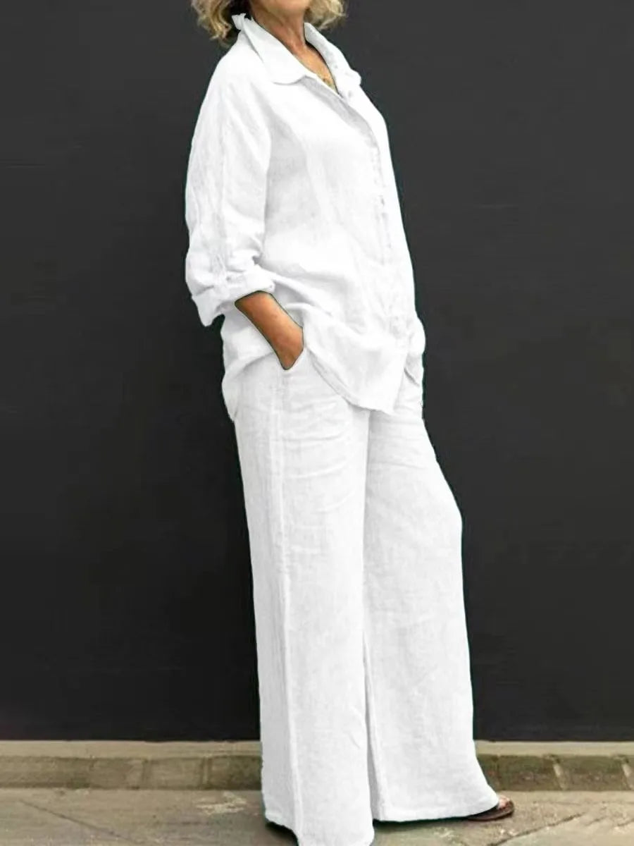 Spring and Summer Suit Women's Lapel Long-sleeved Loose Shirt High Waist Wide-leg Pants Casual Two-piece Set