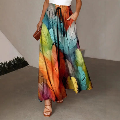 Colorful Feather Printed Wide Leg Pants Women's Elapsed Waist Pleated Pocket Design Loose Draped All-match Casual Pants