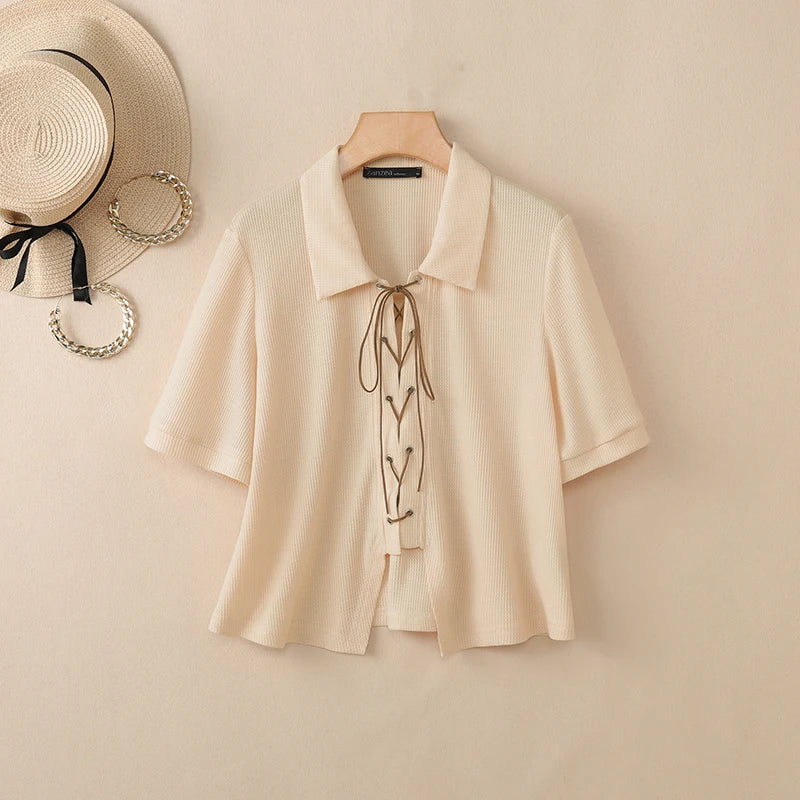 ZANZEA Women's Korean Elegant Waffle Shirt Turn-Down Collar Lace-Up Front Short Sleeve Tops Summer Casual Loose Chemises Femme