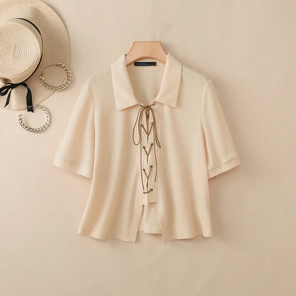 ZANZEA Women's Korean Elegant Waffle Shirt Turn-Down Collar Lace-Up Front Short Sleeve Tops Summer Casual Loose Chemises Femme