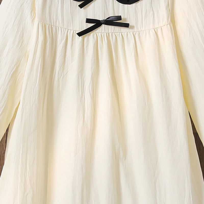 Spring/Summer Big Girl Knee Length Long Sleeve Dress Cute Baby Doll Collar Sweet Ruffle Hem Japanese and Korean Chic Easy Everyd