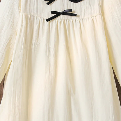Spring/Summer Big Girl Knee Length Long Sleeve Dress Cute Baby Doll Collar Sweet Ruffle Hem Japanese and Korean Chic Easy Everyd