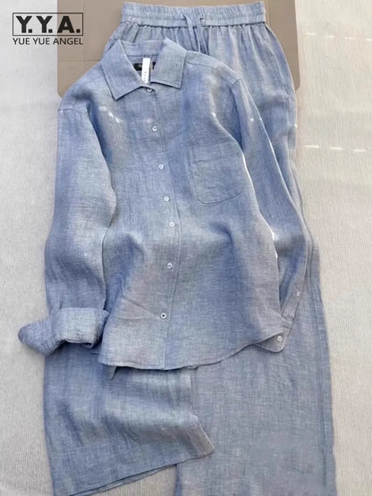 New Summer Women Leisure Lapel Collar Shirt Elegant Pantsuits Fashion Blue Suit Two-piece Set Simple Loose Comfortable Shirt