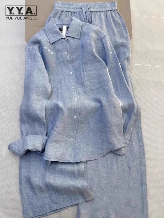New Summer Women Leisure Lapel Collar Shirt Elegant Pantsuits Fashion Blue Suit Two-piece Set Simple Loose Comfortable Shirt