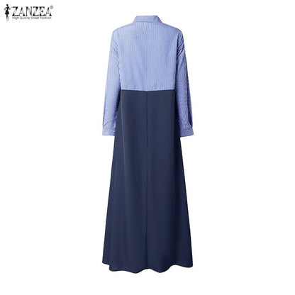 ZANZEA Ramadan Robe Stylish Women Patchwork Muslim Abaya Maxi Dresses Casual Long Sleeve Pleated Sundress Kaftan Hijab Vestido