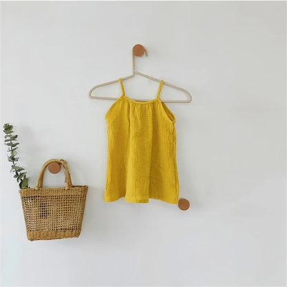 0-12M Baby Girls Summer Cotton Muslin Suspender Dress Solid Color Sleeveless Loose Casual Princess Dress For Newborn Girls