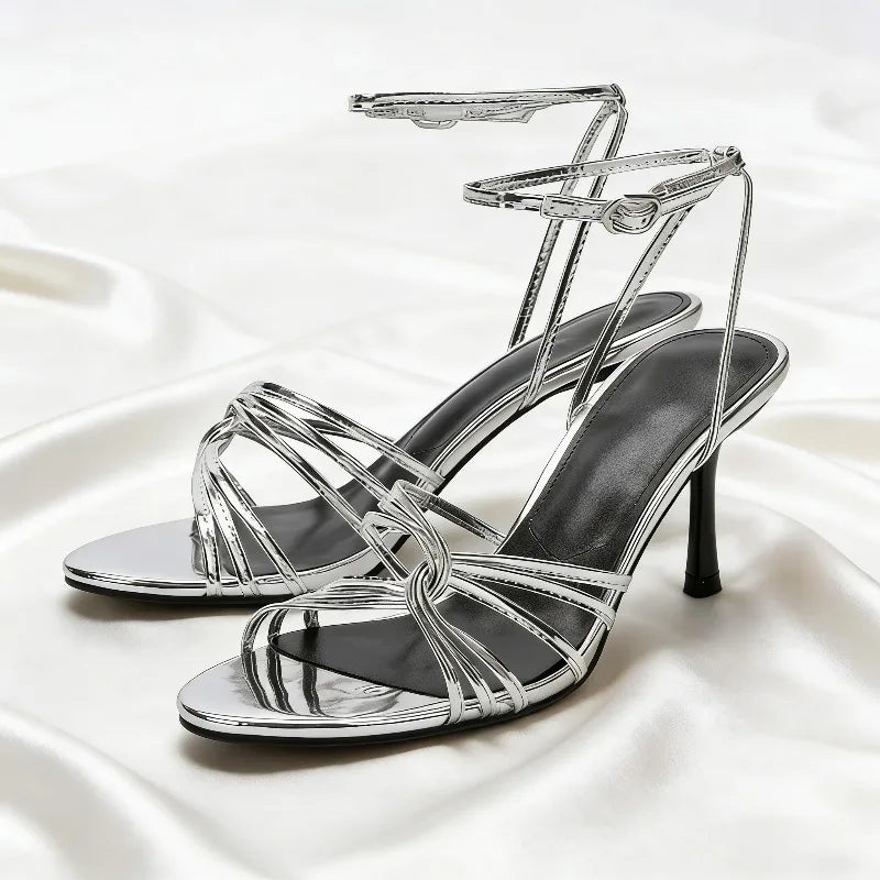 Silver Ankle Strap High Heel Sandals Women Sexy Open Toe Stiletto High Heels for Ladies Summer Elegant Party Dress Designer Shoe