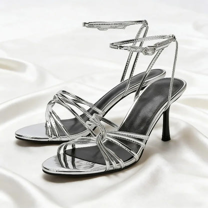 Silver Ankle Strap High Heel Sandals Women Sexy Open Toe Stiletto High Heels for Ladies Summer Elegant Party Dress Designer Shoe