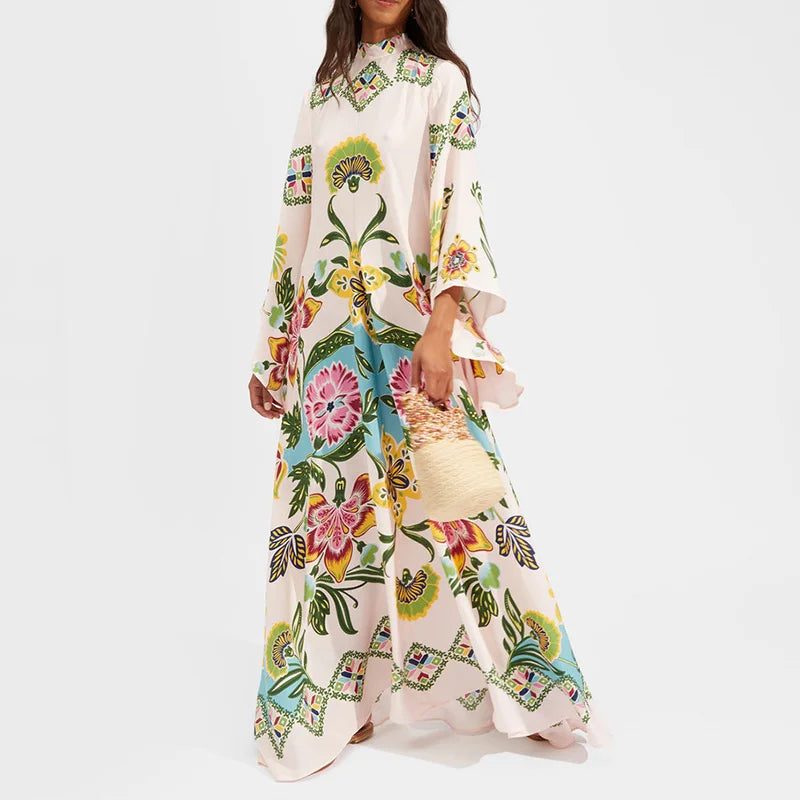 2025 Loose Fit Three Quarter Sleeve Lace-Up Party Dress Women Spring Summer Printing V-Neck Maxi Dress Streetwear Dropshipping