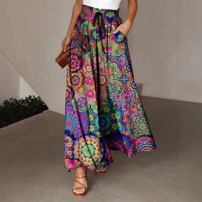 Colorful Feather Printed Wide Leg Pants Women's Elapsed Waist Pleated Pocket Design Loose Draped All-match Casual Pants