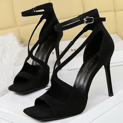 Sexy High Heels Women 10.5 CM Stiletto Suede Women Pumps Square Head Peep Toe High Heeled Sandals Buckle Hollow Out Lady Heels