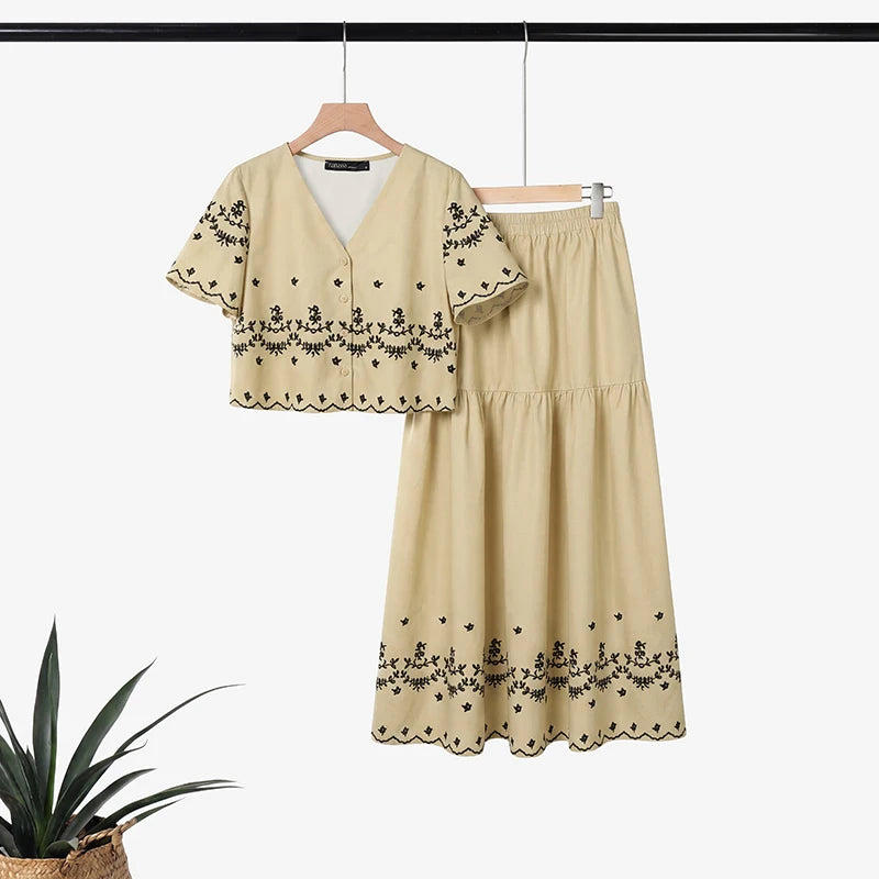 ZANZEA Bohemian 2 Piece Skirts Suits Women Summer Short Sleeve Cropped Shirt & A-Line Maxi Skirt Matching Sets Vacation Outfits