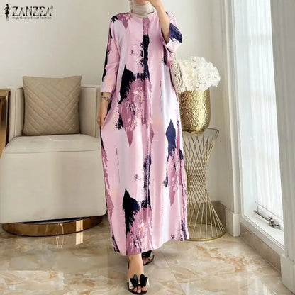 ZANZEA Fashion Casual O Neck Long Sleeve Printed Dress Muslim Dresses Abaya Women Summer Sundress Robe Femme Loose Vestidos
