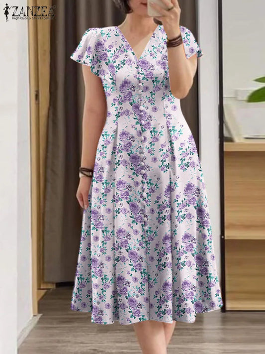 ZANZEA Bohemain Printed Dresses Summer Elegant Floral Dress Women Short Sleeve Party Sundress Robe Femme Causal Holiday Vestidos