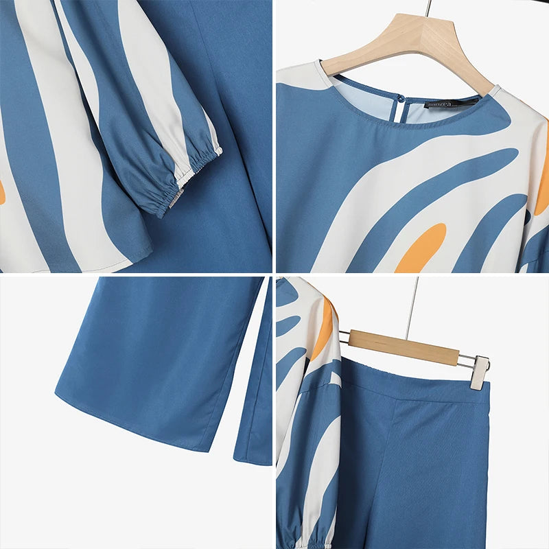 ZANZEA Women's Pant Sets with Abstract Waves Print 3/4 Sleeve Blouse & Wide Leg Pant 2 Pieces Suits Summer Casual 2pcs Outfits