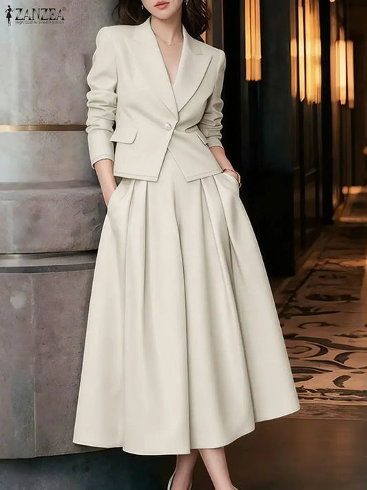 ZANZEA Office Women 2 Piece Sets Spring Outfits 2026 Elegant Long Sleeve Blazer Dress Suit Fashion Work OL Tracksuit Skirt Sets