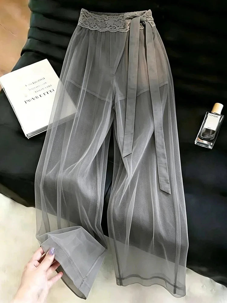 Sexy See Through Mesh Pants Women High Waist Lace Patchwork Bow Sweet Trousers Summer Fashion Female Elegant Loose Wide Leg Pant