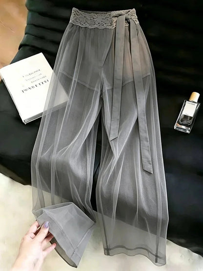 Sexy See Through Mesh Pants Women High Waist Lace Patchwork Bow Sweet Trousers Summer Fashion Female Elegant Loose Wide Leg Pant