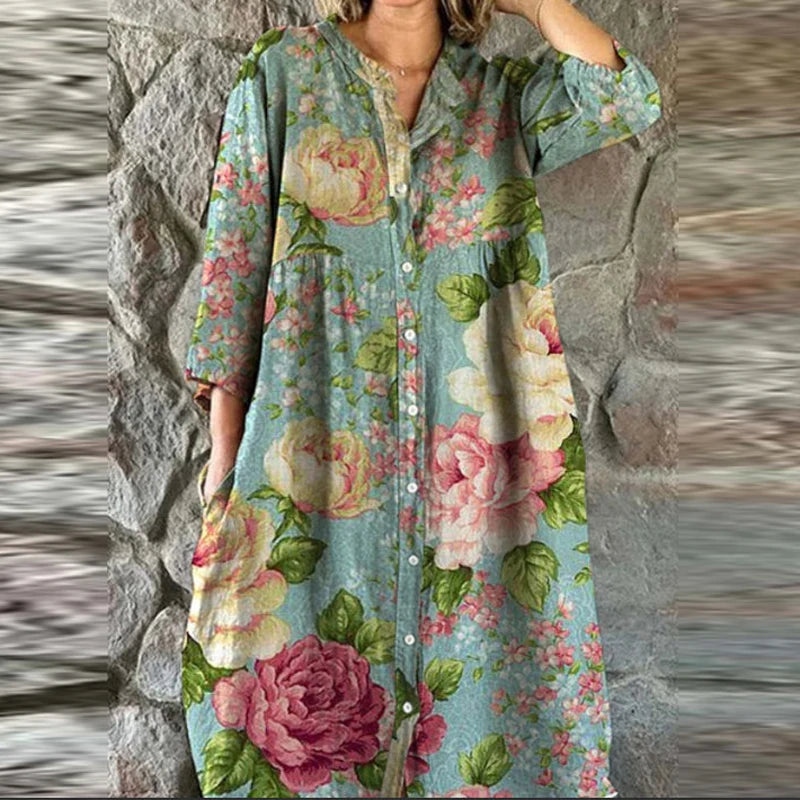 Bohemian Loose Single Breasted Dress Women's Casual O-neck Pocket Commuting Dress Spring Summer Floral Print Long Sleeved Dress