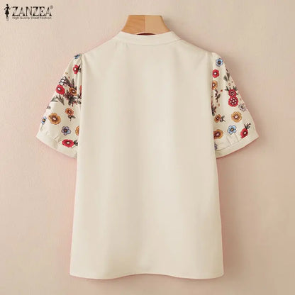 ZANZEA 2026 Summer Floral Print Blouses Woman Casual V-Neck Short Puff Sleeve Pullover Blusas Mujer Vacation Everyday Wear Tops