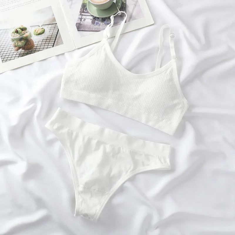 Women Seamless Bra And Panties Set Sexy Lingerie High Waist Thong Comfy Wire Free Bra Female Solid Color Ribbed Underwear Set