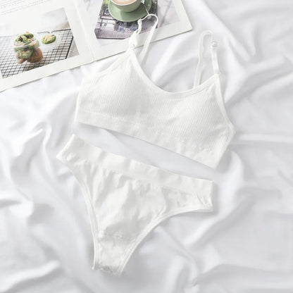 Women Seamless Bra And Panties Set Sexy Lingerie High Waist Thong Comfy Wire Free Bra Female Solid Color Ribbed Underwear Set