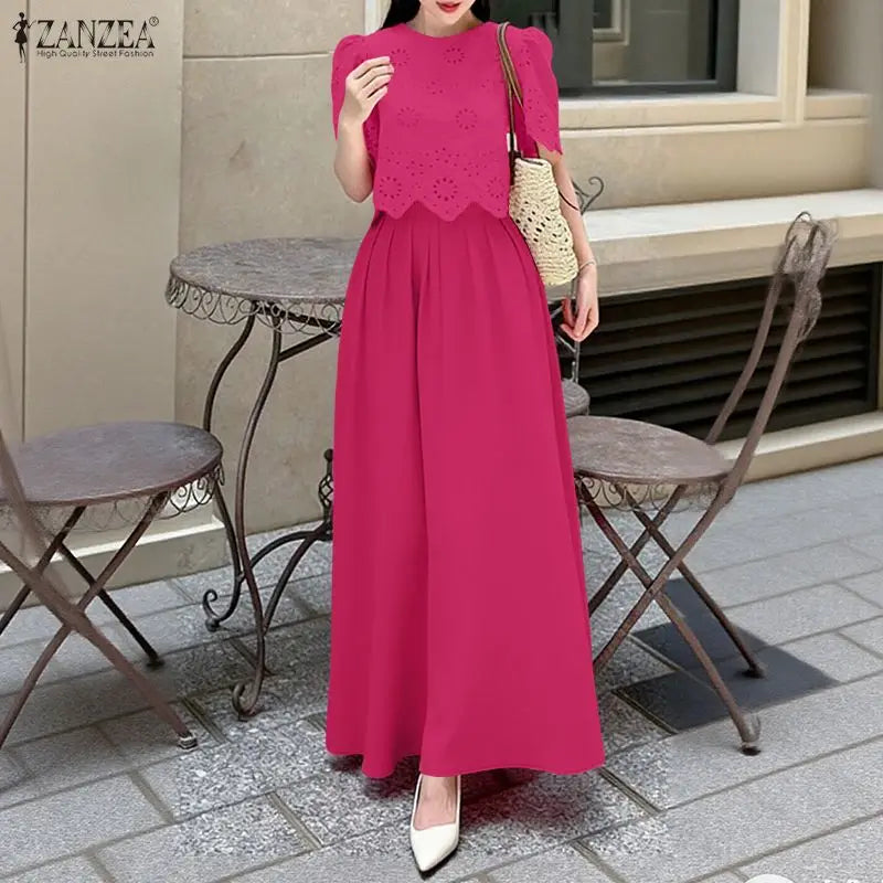 ZANZEA Women's Summer Casual Skirt Suits Openwork Embroidered Short Sleeve Tops and A-Line Long Skirts 2 Pieces Sets Outfits 3XL