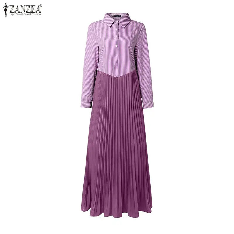 ZANZEA Women Patchwork Muslim Abaya Maxi Long Dress Elegant Casual Long Sleeve Pleated Sundress Loose Kaftan Ramadan Robe Femme