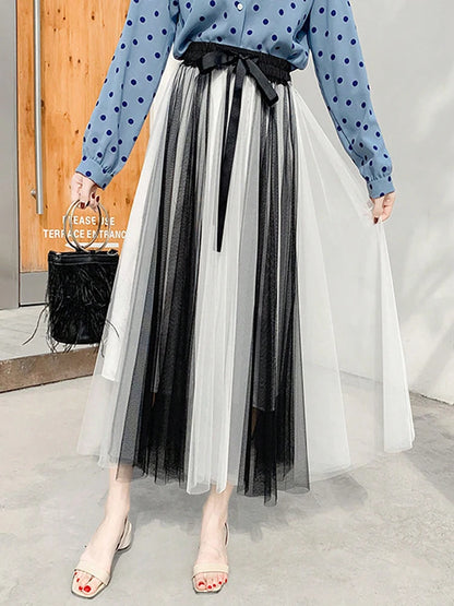 Hot Sale Summer Pleated Long Skirts A-line Elastic Waist Fairy Tiered Skirt Women 2 Layers Color Contrast Women's Skirts