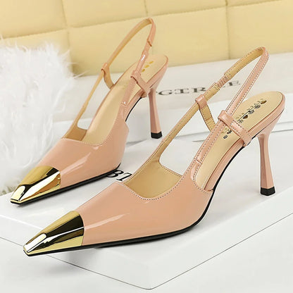 BIGTREE Shoes Metal Pointed Tip Women Pumps Patent Leather High Heels Rear Empty Rear Strap Women Sandals Summer Shoes Stilettos