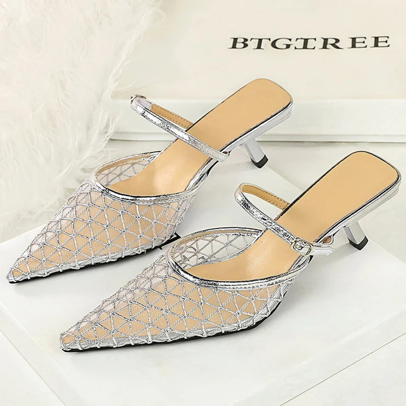 BIGTREE Shoes Mesh Lace Pointed Women Sandals Buckle Kitten High Heels Stiletto Summer Sexy Half Slipper Women Shoes Breathable