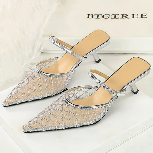 BIGTREE Shoes Mesh Lace Pointed Women Sandals Buckle Kitten High Heels Stiletto Summer Sexy Half Slipper Women Shoes Breathable