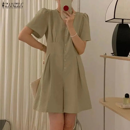 ZANZEA Woman Casual Half-Button Rompers V-Neck Short Sleeve Solid Color Short Jumpsuits Summer 2026 Playsuits Streetwear S-3XL
