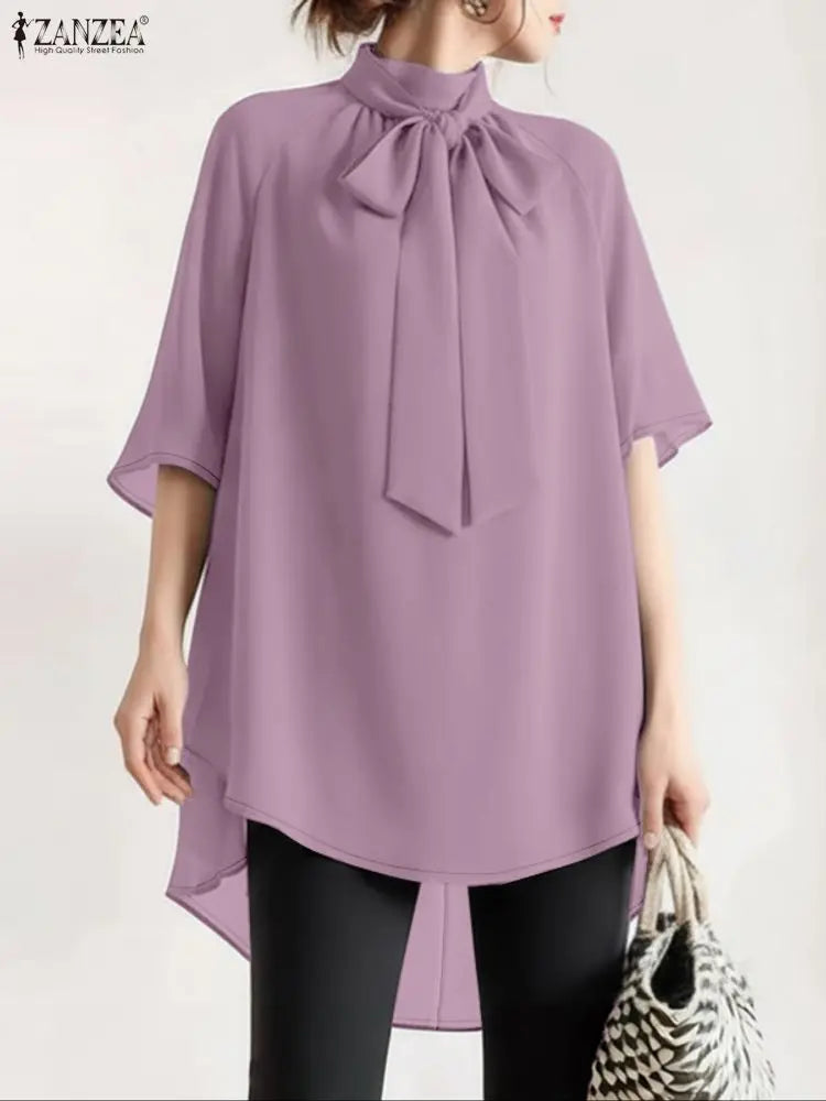 ZANZEA Fashion Women's High-Low Blouses Elegant Bow Tie Neck Half Sleeve Solid Color Designer Long Blouse Korean Woman Clothes