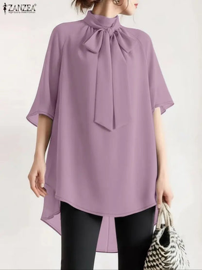 ZANZEA Fashion Women's High-Low Blouses Elegant Bow Tie Neck Half Sleeve Solid Color Designer Long Blouse Korean Woman Clothes