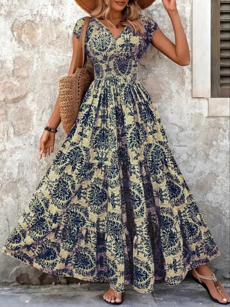 2026 Vintage Floral Print Dress Elegant V-Neck Short Sleeve Long Women's Fashion Retro Gown
