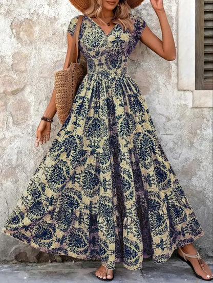 2026 Vintage Floral Print Dress Elegant V-Neck Short Sleeve Long Women's Fashion Retro Gown