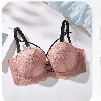 Half Cup Hot Bra for women Gathered Bowknot Brassiere Large Size Push Up Lace Tube Top Lace Big Chest Revealing Small Lace Bra