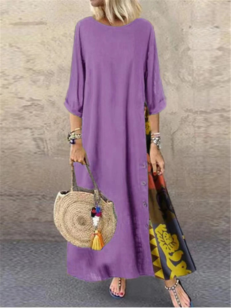 Women Vintage Harajuku Long Dress Bohemian Stitching Print 3/4 Sleeve O Neck Loose Oversized Maxi Dress Casual Elegant Robe