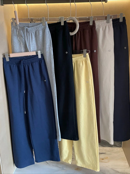 Women's Cotton Spring Sweatpants Loose Fit Casual Black Sports Straight Pants Full Length Elastic Waist Drawstring Trousers