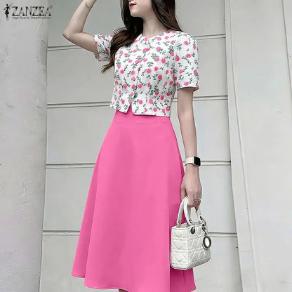 ZANZEA Elegant Fashion Women's Skirt Suits Floral Crop Tops & A-line Midi Skirts 2 Pieces Sets Summer Female Date Night Outfits
