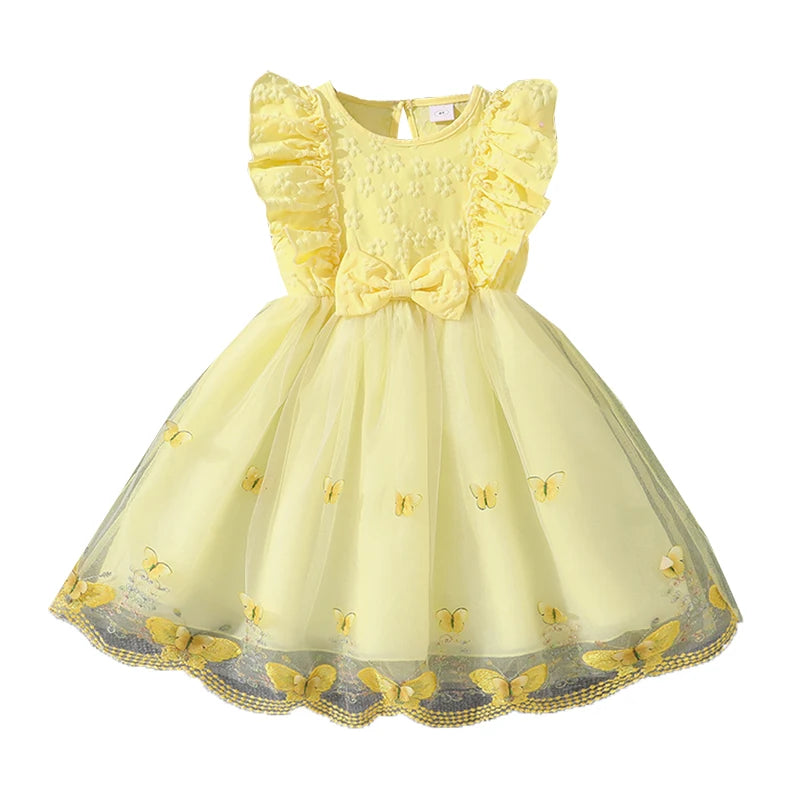 Dress For Girls Yellow O-Neck Fly-Sleeve Tulle Bowknot 8-12 Years Summer Elegant Sweet Style Princess Dress Kids Clothing