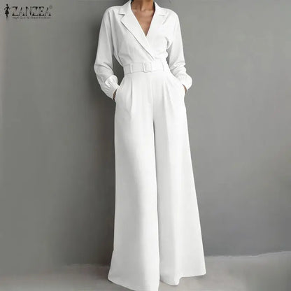 ZANZEA Women's Minimalist Jumpsuits Summer Lapel Neck Long Sleeve Belted Wide Leg Pant Overalls Elegant Office Work Playsuits